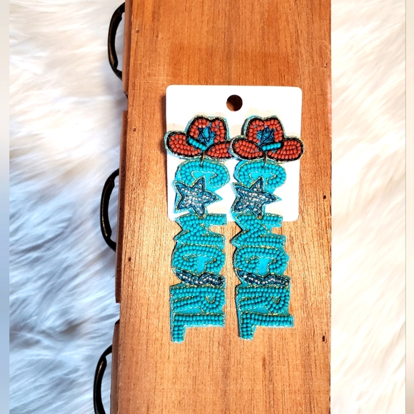 NEW Western Turquoise Cowgirl Beaded Shimmer Hat Earrings Star detail - Picture 4 of 8